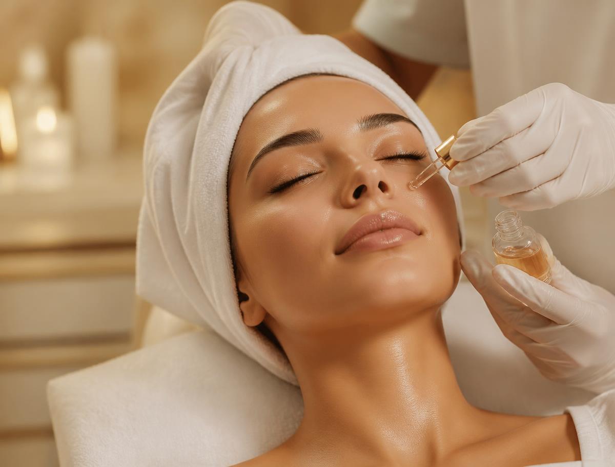 Facial treatment serum being applied in the lounge